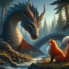 Genertative AI In a magical forest, a majestic dragon and a clever fox meet like old friends. dragon and fox fairy tale, inviting readers into a world of wonder and magic, two animal dragon and fox