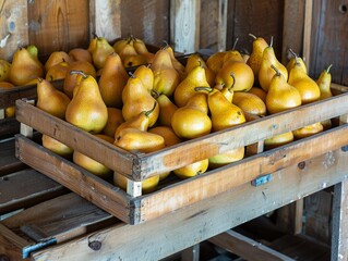 Fresh ripe pears in wooden crates at the market