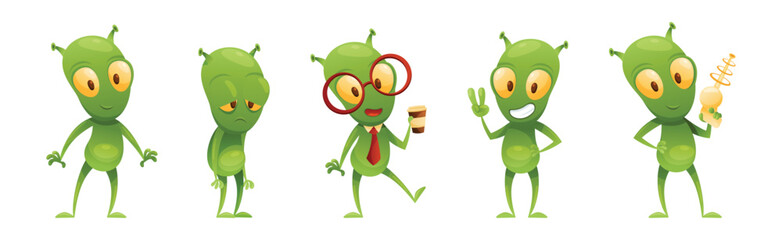 Funny Green Alien Character with Big Eyes and Small Antenna on Head Engaged in Different Action Vector Set