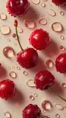 Fresh Red Cherries With Water Droplets on Light Pink Background. Generative AI