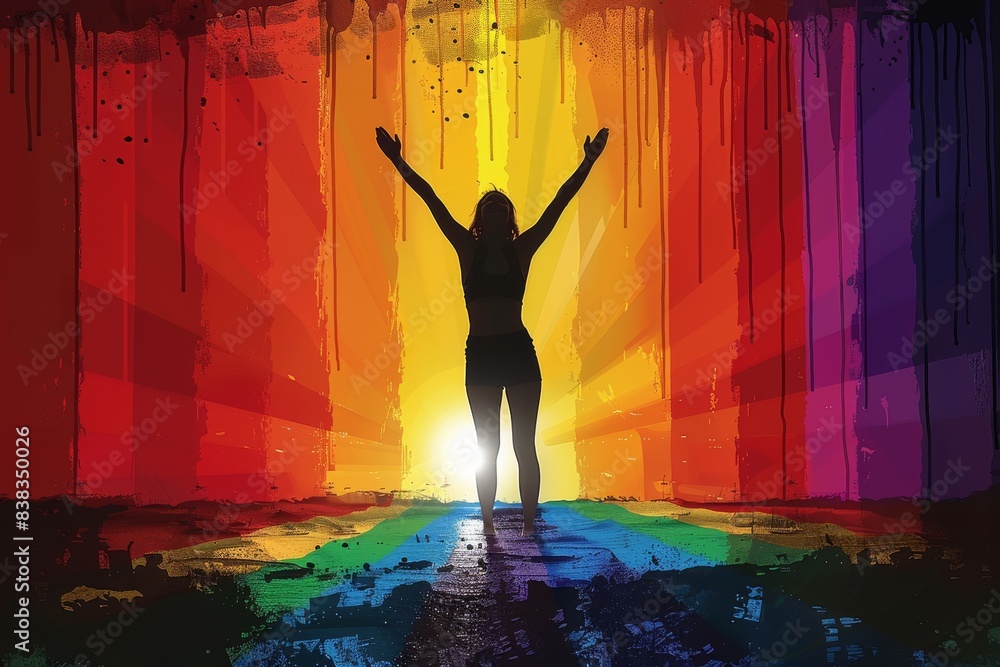 Poster silhouette against a rainbow background symbolizing unity and strength in a vibrant and dynamic digi