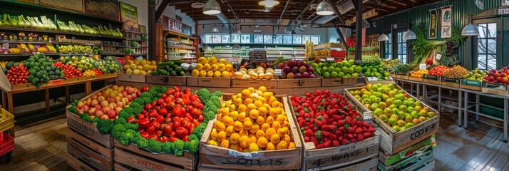 A wide shot of a bustling market overflowing with colorful fruits and vegetables, showcasing the vibrant atmosphere of a fresh produce store - Powered by Adobe