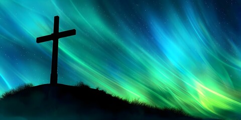 Northern Lights Illuminating a Christian Cross on a Hill. Concept Aurora Borealis, Christian symbolism, Nature's beauty, Spiritual connection, Night photography