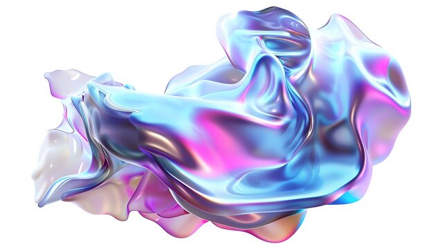 Abstract colorful iridescent metallic fluid art, a vibrant swirl of blue, pink, and purple hues on a white background, representing motion and modernity.