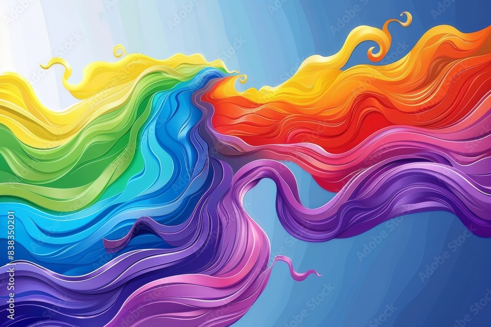 Poster flowing abstract rainbow waves symbolizing creativity and fluidity in a vibrant and dynamic digital 
