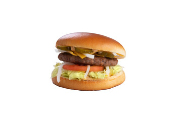 Burger with lettuce, tomato and onion. transparent
