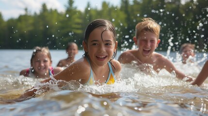 Obraz premium Joyful Children Splashing In Summer Lake Water. Generative AI
