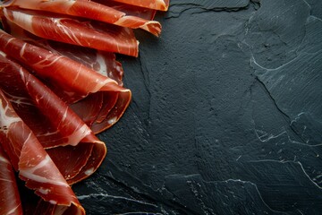 Sliced Spanish jamon on dark slate background