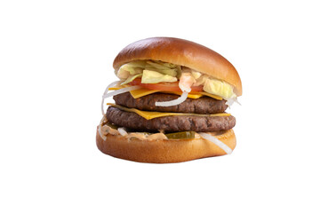 Double burger with lettuce, tomato and onion. transparent