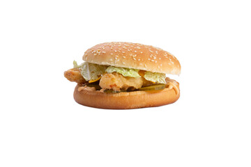 Burger with chicken strips and salad. transparent