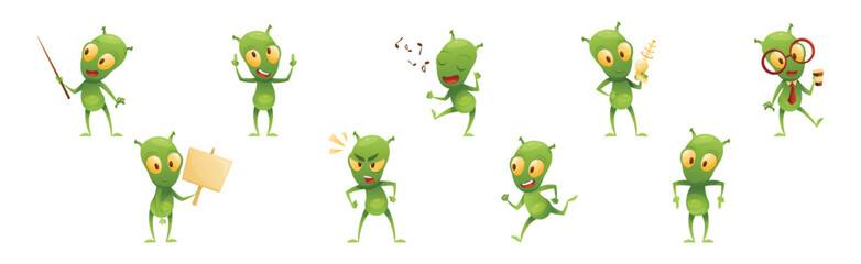 Funny Green Alien Character with Big Eyes and Small Antenna on Head Engaged in Different Action Vector Set