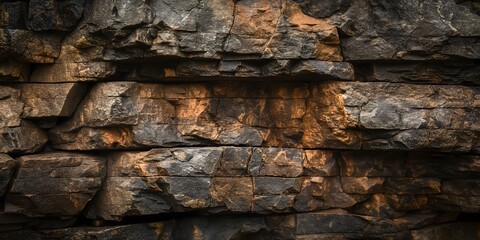Fototapeta premium Rough Stone Wall Texture Closeup In Sunlight. Generative AI