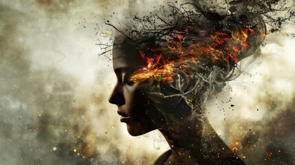 Surreal Fragility and Sensible soul, woman tenderness concept woman burning from inside.