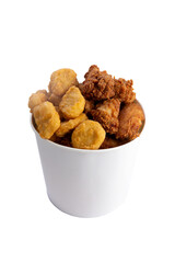 Fried chicken wings and nuggets in a bucket. transparent