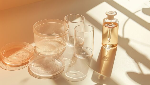 Clear serum bottle and dropper on a futuristic lab table, petri dishes, and a light background for a modern look