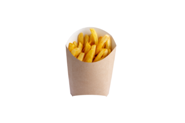 French fries in a cardboard cup. transparent