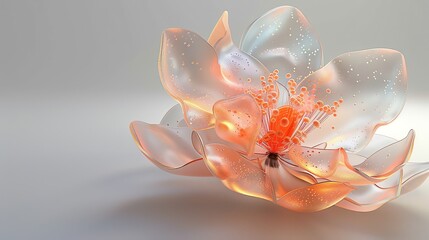 Elegant close-up of a delicate, transparent flower with soft orange and white hues, showcasing exquisite detail and fragile beauty.