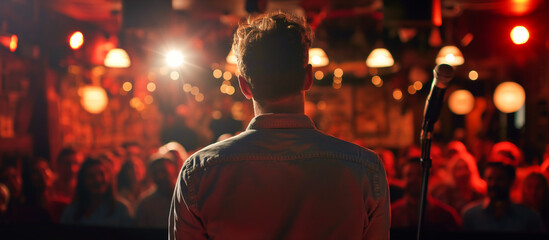 A speaker comedyan with audiences laughing in comedy club live performance