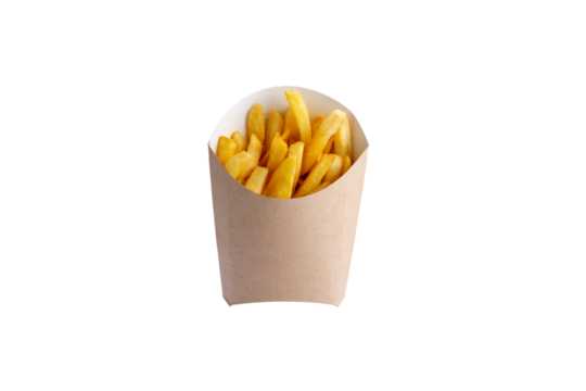 French fries in a cardboard cup. transparent