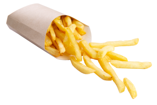 French fries in a cardboard cup. transparent