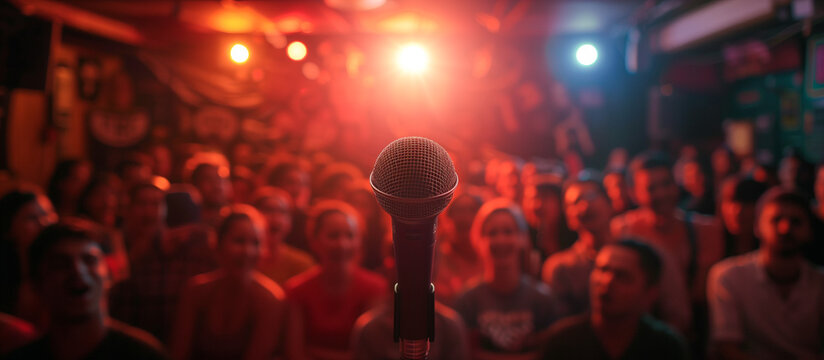 A speaker comedyan with audiences laughing in comedy club live performance