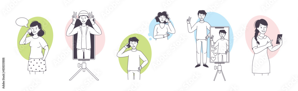 Poster man and woman blogger character with smartphone making internet content vector set