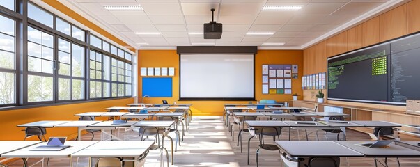 Modern classroom with digital equipment and bright sunlight