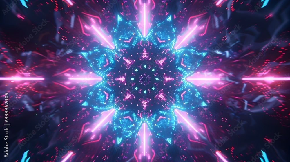 Poster futuristic kaleidoscopic neon digital patterns generating striking visual effect