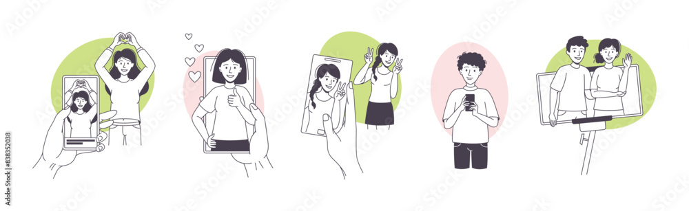 Poster man and woman blogger character with smartphone making internet content vector set