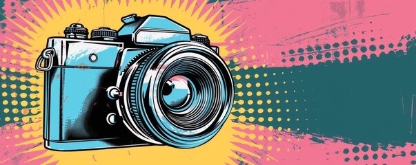 Vintage camera illustration with vibrant pop art style background
