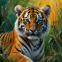 Obraz premium a regal baby tiger as the focal point, exuding grace and elegance. The tiger's striking eyes gleam brightly, contrasting with its soft fur and delicate posture. 