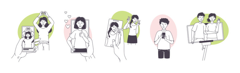 Man and Woman Blogger Character with Smartphone Making Internet Content Vector Set