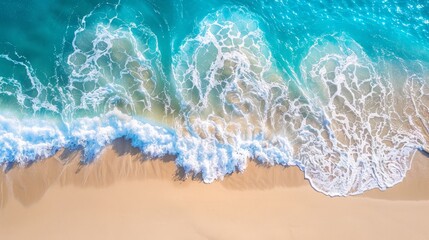 Abstract sand beach from above with light blue water wave and sun lights, summer vacation background concept