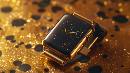 Luxurious gold smartwatch with stylish design in a pop-art theme background