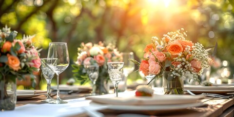 Elegant wedding table setting with flowers glassware and wide copy space. Concept Wedding Decor, Table Setting, Floral Centerpieces, Glassware, Copy Space