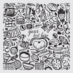 Monochrome Doodle Sketch of Various Fruits and Vegetables