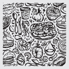 Monochrome Doodle Sketch of Various Fruits and Vegetables