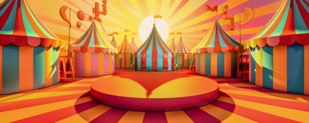 Colorful pop art circus scene with vibrant striped tents and a raised podium in the center