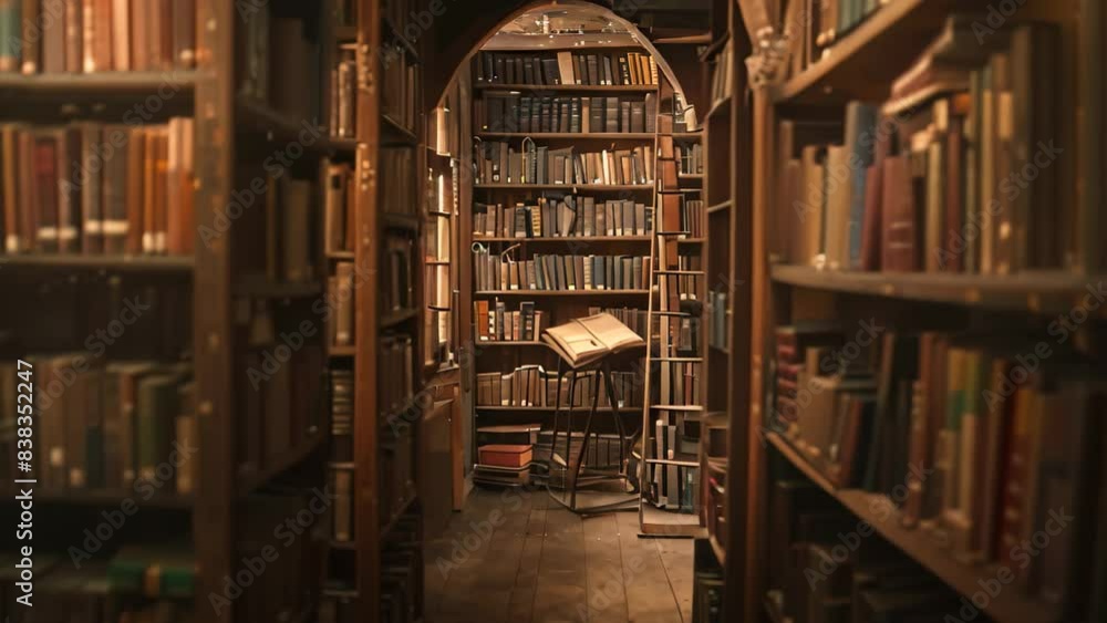 Poster long row of bookshelves filled with lots of books, creating a serene atmosphere in a library, a sere
