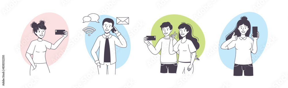 Poster man and woman blogger character with smartphone making internet content vector set