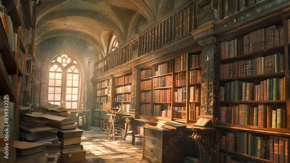 Poster a library filled with ancient texts and dust, situated next to a window, a serene library filled wit