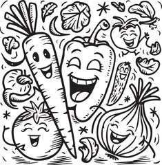 Monochrome Doodle Sketch of Various Fruits and Vegetables