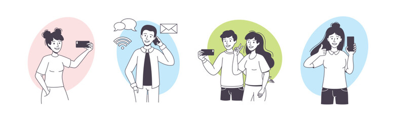 Man and Woman Blogger Character with Smartphone Making Internet Content Vector Set