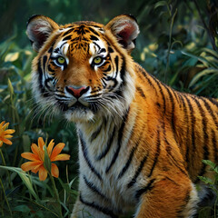 Fototapeta premium a regal baby tiger as the focal point, exuding grace and elegance. The tiger's striking eyes gleam brightly, contrasting with its soft fur and delicate posture. 