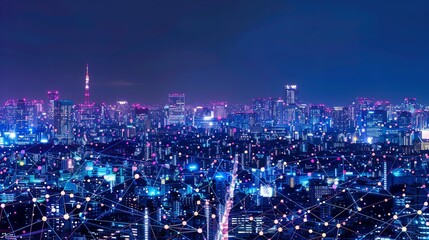 Fototapeta premium A smart city featuring a wireless network and a cityscape.notion of massive data connection technology.Nighttime cityscape with wireless network and connection technologies concept, Generative AI.