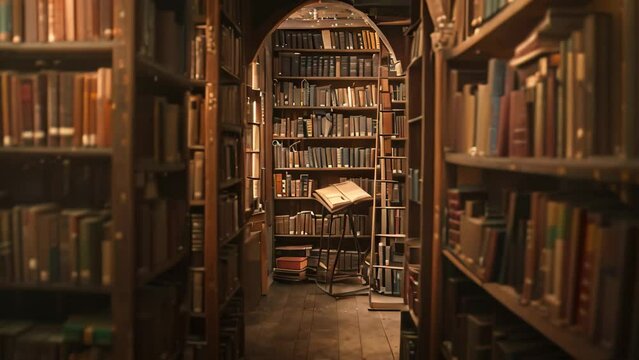 Long row of bookshelves filled with lots of books, creating a serene atmosphere in a library, A serene library filled with ancient texts and dusty tomes