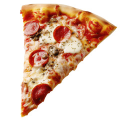 A slice of pizza with pepperoni, mushrooms, and mozzarella cheese isolated on transparent background