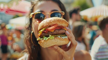 A Bite of Summer: Woman Enjoys a Juicy Burger at a Busy Outdoor Market