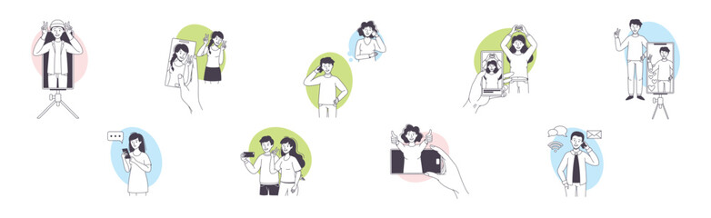 Man and Woman Blogger Character with Smartphone Making Internet Content Vector Set