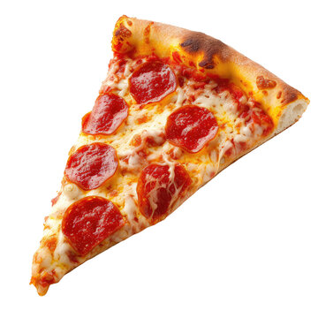 A slice of pizza with pepperoni, cheese and tomato sauce isolated on transparent background